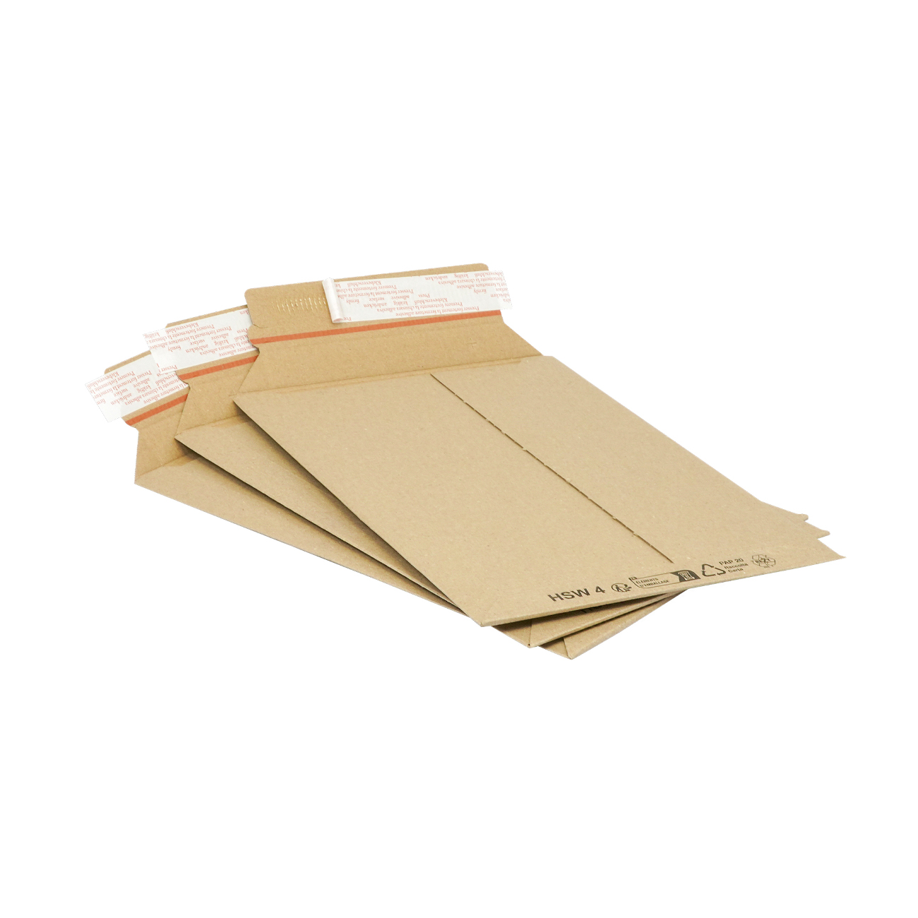 3 als Fächer gelegte, unverschlossene  Wellpapp-Versandtaschen.